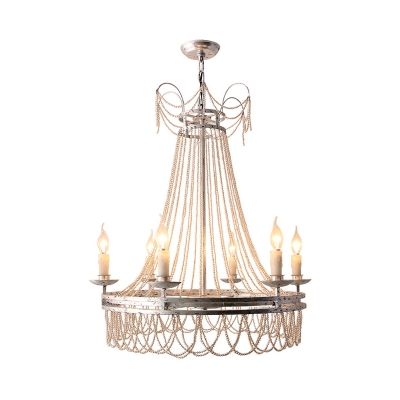 Crystal Candle Chandelier Light Traditional-Style 6 Lights Living Room Down Lighting in Distressed White
