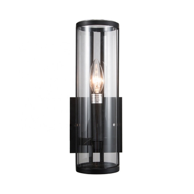 Cylindrical Clear Glass Wall Sconce Modern Style 1 Bulb Wall Mount Lamp in Black