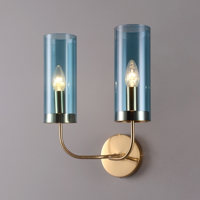 Cylindrical Wall Mount Lamp Retro Champagne/Light Blue Glass 1/2-Light Brass Sconce Light Fixture