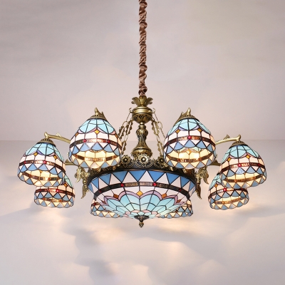 Domed Chandelier Pendant Light 3/5/9 Lights Stained Glass Victorian Ceiling Suspension Lamp in Blue