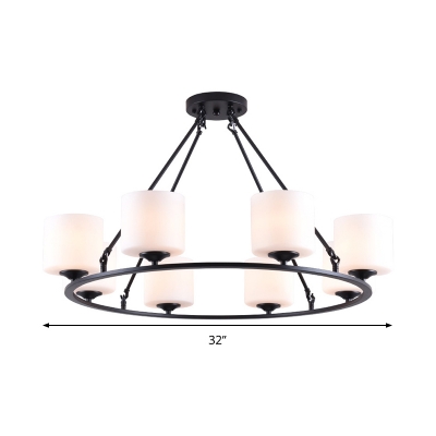 Drum White Glass Ceiling Chandelier Light Modernist Style 6/8 Lights Black Finish Hanging Lamp for Living Room