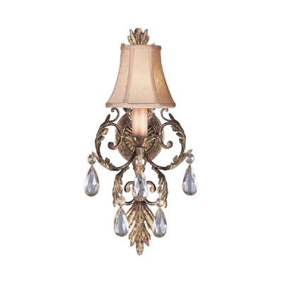 Fabric Flared Wall Light Fixture Traditional 1 Light Living Room Sconce in White/Bronze with Clear Crystal Drops