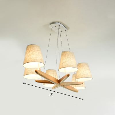 Flaxen Sputnik Chandelier Lighting Fixture Simple 6 Lights Wood Hanging Lamp with Tapered Fabric Shade