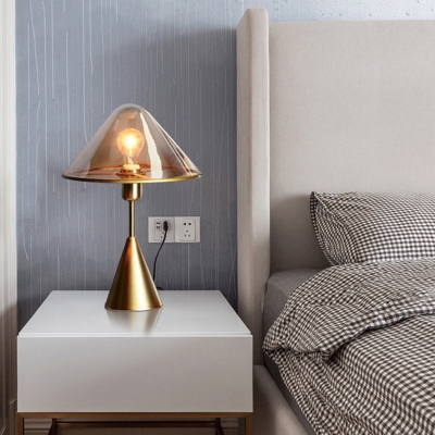 Gold Conical Task Lighting Modern Style 1 Light Amber Glass Small Desk Lamp for Bedside