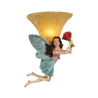 Blue/Gold Angel Wall Light Sconce Country Style Resin 1 Light Living Room Wall Lamp with Yellow Glass Bowl Shade
