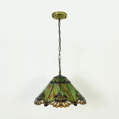 Green 1 Light Pendant Lamp Mediterranean Stained Glass Conical Hanging Light Ki