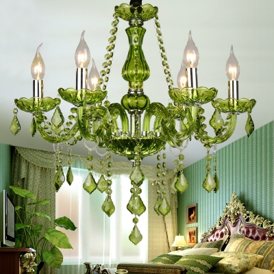 Green Candle Chandelier Light Modernism 6/18 Heads Beveled Crystal Prism Pendant Lighting for Bedroom, 23