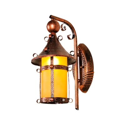 Iron House Shaped Wall Sconce Farmhouse Style 1 Head Weathered Copper Wall Lamp with Yellow Glass Shade