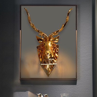 Metal Diamond Cage Wall Sconce Light Lodge Style 1 Head Sconce Lamp with Elk Backplate in Gold, 16