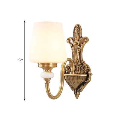 Metal Gold Wall Mounted Lamp Gooseneck 1/2-Light Vintage Style Sconce Light with Opal Glass Tapered Shade