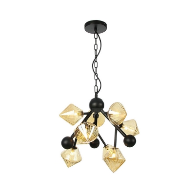 Metal Starburst Pendant Chandelier Modern 9 Bulbs Black Hanging Ceiling Light with Amber Glass Shade