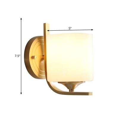 Milk Glass Drum Wall Lighting Fixture Modernism Style 1 Light Bedside Wall Sconce Lamp in Brass