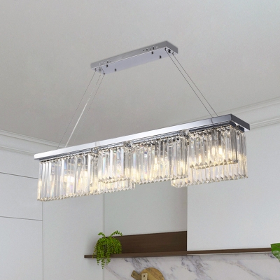 Rectangle Crystal Island Pendant Light Modern Style 6 Lights Silver Hanging Lamp for Dining Room