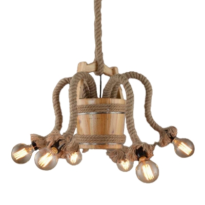 Rope Wood Pendant Chandelier 6 Lights Exposed Bulb Industrial Style Hanging Ceiling Light