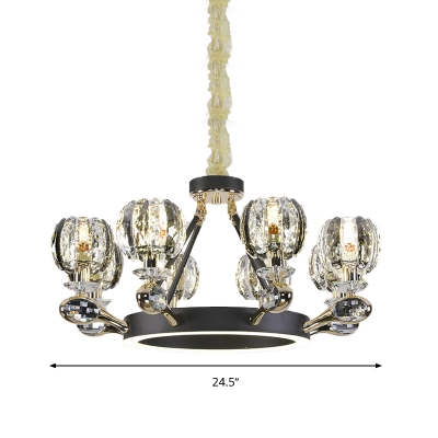 Round Pendant Chandelier Traditionalism Crystal 6/8 Heads Black Ceiling Light for Bedroom