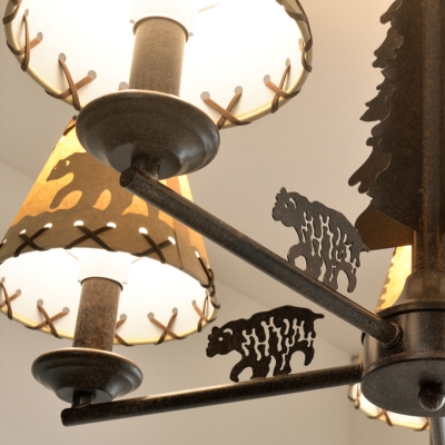 Rural Cone Chandelier Lighting Fixture 5 Heads Metal Pendant Ceiling Light in Black with Beige Paper Shade