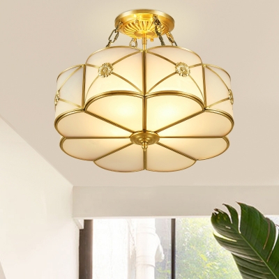 Scalloped Bedroom Semi-Flush Mount Traditional Opaque Glass 4 Bulbs Brass Ceiling Light Fixture