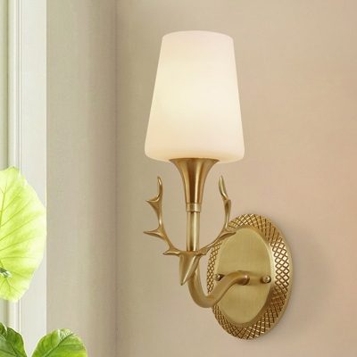 Scrolled Arm Bedroom Sconce Lighting Rustic Milk Glass 1/2 Light Brass Wall Mounted Light Fixture