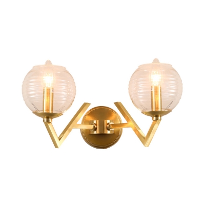Simple Ball Shape Wall Mount Lamp Ribbed Glass 1/2 Lights Brass Finish Sconce Light