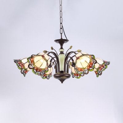 Stained Glass Blossom Chandelier Light Fixture Tiffany 3/5/6 Lights Bronze Hanging Lamp for Bedroom