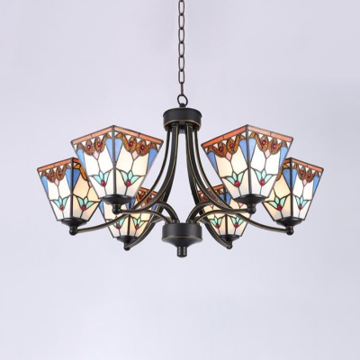 Tiffany Pyramid Chandelier Lamp 3/6/8 Heads Stained Art Glass Pendant Ceiling Light in Blue and Orange/Pink and Blue