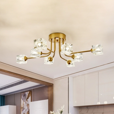 Traditional Curved Arm Semi Flush Light Fixture 8 Heads Dimpled Crystal Ceiling Light in Gold
