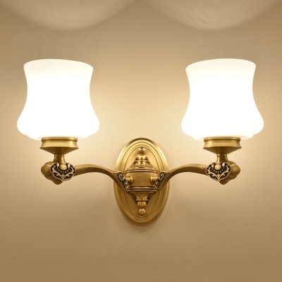 Traditional Style Bell Sconce Light Fixture 1/2-Light Milky Glass Wall Light Fixture in Brass for Bedroom