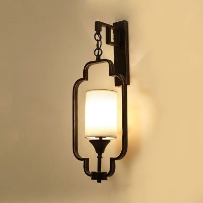 Traditionalism Cylinder Wall Mount Lamp 1 Head Fabric Surface Wall Sconce with Black/Gold Metal Cage