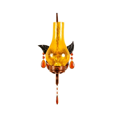 Vase Wall Light Fixture Vintage Stylish Yellow Cracked Glass 1 Bulb Foyer Wall Lamp with Orange Crystal Accent