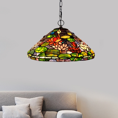 Victorian Conical Hanging Chandelier 2 Lights Green Stained Glass Suspension Pendant for Dining Room