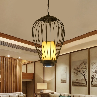 Wire Cage Iron Hanging Ceiling Pendant Chinese Style 1-Light Black Suspension Lamp, 14