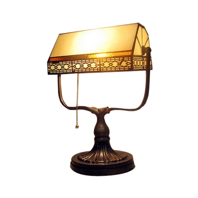 Yellow Glass Pull Chain Switch Banker Table Lamp Tiffany 1 Bulb Antique Brass Desk Light