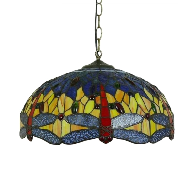 1/2 Lights Kitchen Chandelier Lighting Tiffany Brass Hanging Ceiling Light with Dragonfly Green/Blue Glass Shade