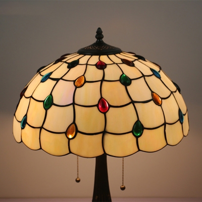 1 Head Beaded Task Light Tiffany Antique Brass Multicolored Stained Glass Table Lighting