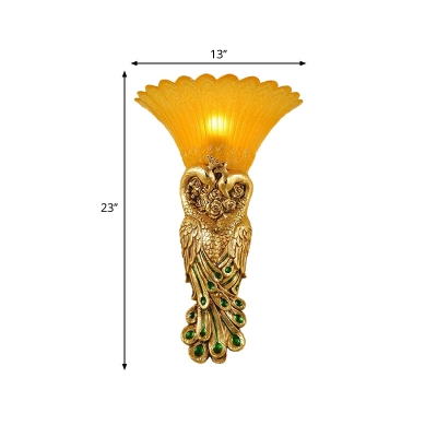 1 Head Resin Wall Sconce Rustic Style Gold/Light Gold Peacock Dining Room Wall Light with Amber Glass Bell Shade