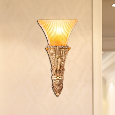 1 Head Wall Lamp with Flared Shade Orange Glass Lodge Stylish Hallway Wall Lighting in Gold