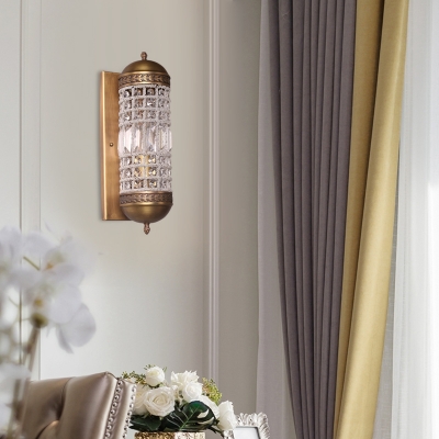 1 Light Bedroom Sconce Light Traditional Brass Wall Mounted Lamp with Cylinder Crystal Shade