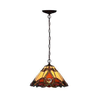 1 Light Kitchen Hanging Ceiling Light Tiffany Style Coffee Suspension Lamp with Tapered Red Cut Glass Shade