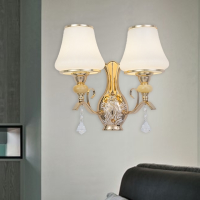 2 Bulbs Bell Wall Sconce Traditional White Metal Wall Light Fixture with Clear Crystal Drop