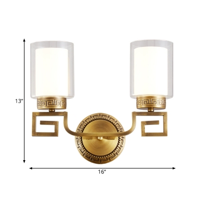 2 Bulbs Cylinder Wall Lamp Modernism Stylish Clear and White Glass Wall Light Fixture in Brass for Hallway