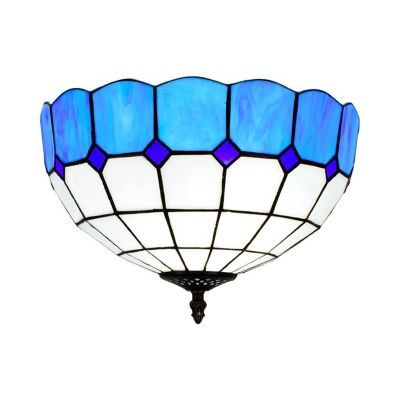 2 Lights Dome Ceiling Lighting Tiffany Blue/Yellow Stained Glass Flush Mount Light for Bathroom