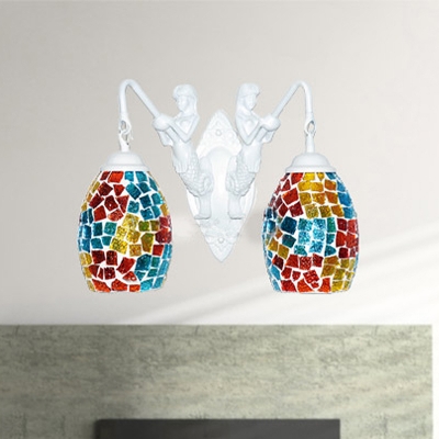 2 Lights Elongated Dome Sconce Light Fixture Tiffany Red/Yellow/Blue Cut Glass Wall Lighting Idea with Mermaid Deco