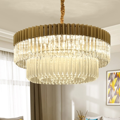 2-Tier Chandelier Light Fixture Modern Crystal Rod 6 Bulbs Brass Ceiling Pendant Light for Living Room