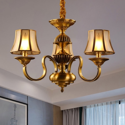 3/5/6 Heads Curved Arm Pendant Chandelier Colonialist Gold Metal Hanging Light Kit with Opal Frosted Glass Shade