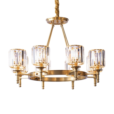 3/5/6 Heads Cylinder Chandelier Lighting Contemporary Crystal Hanging Light Fixture in Brass for Living Room