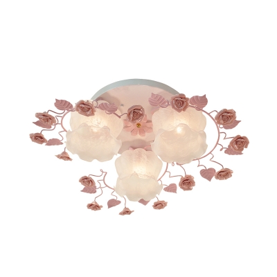 3/5 Bulbs Rose Ceiling Mount Countryside Pink/Green Mouth Blown Opal Glass Flush Light Fixture for Bedroom
