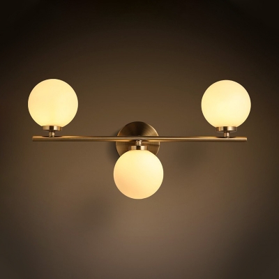 3 Bulbs Bedroom Wall Lamp Contemporary Gold Sconce Light Fixture with Round Milky Glass Shade