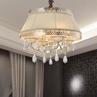 4 Head Crystal Drop Pendant Chandelier Traditional Beige/Gray Candelabra Bedroom Hanging Light with Trifle Fabric Shade