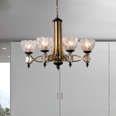 5 Heads Domed Hanging Chandelier Modernism Crystal Ceiling Pendant Light in Brass
