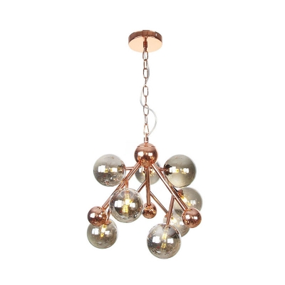 9 Lights Living Room Ceiling Lamp Industrial Copper Chandelier Pendant Light with Globe Amber/Clear/Smoke Gray Glass Shade